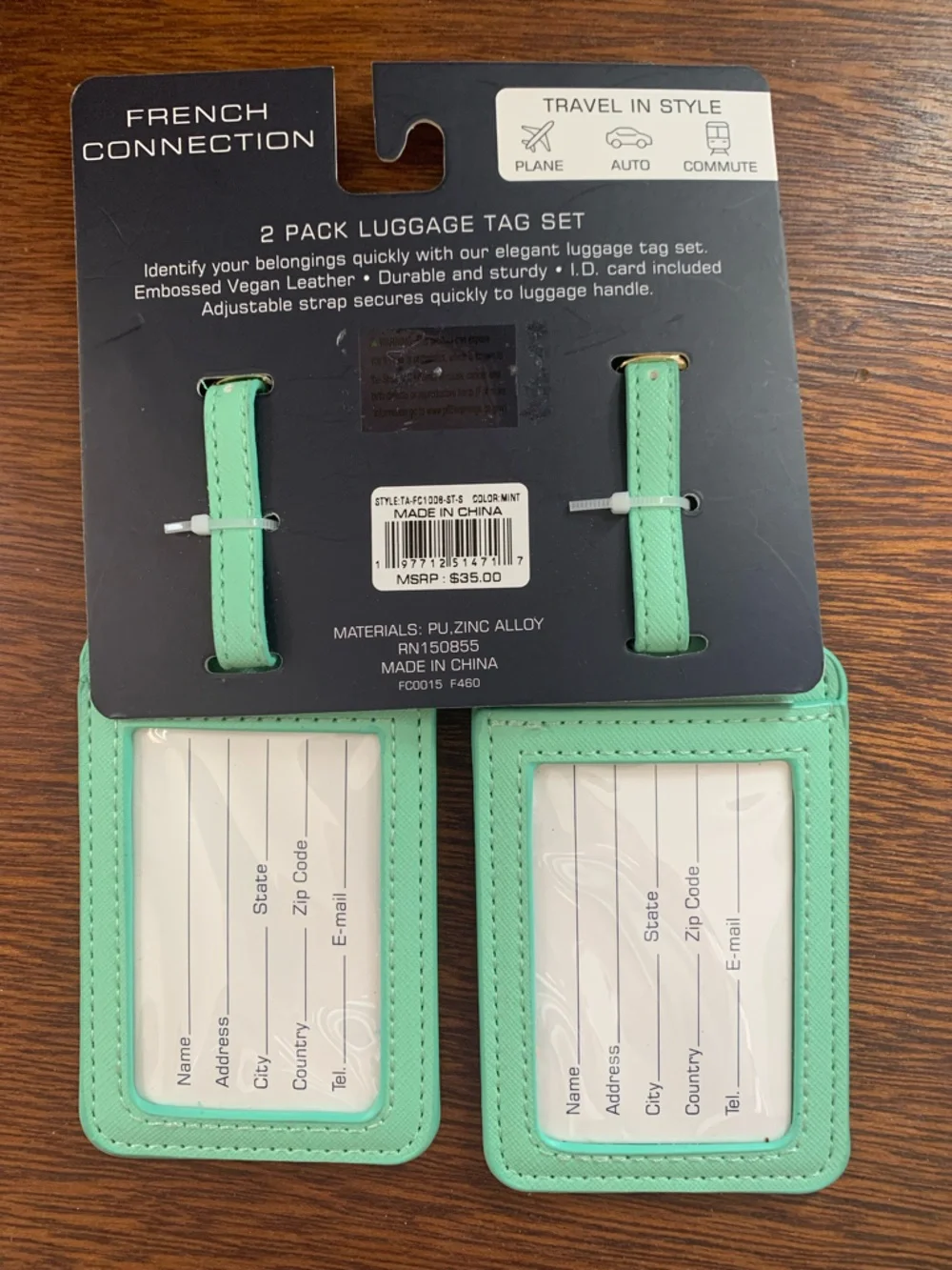 🆕 French Connection Mint Green & White Striped Luggage Tag Duo